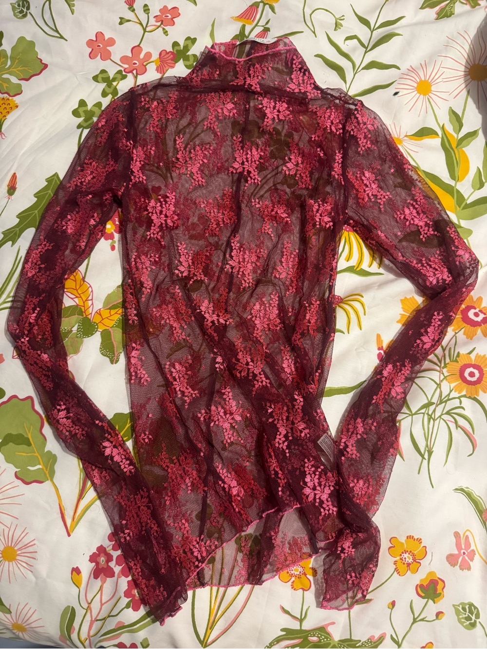 Free People Sheer Burgundy & Pink Floral Mesh Top